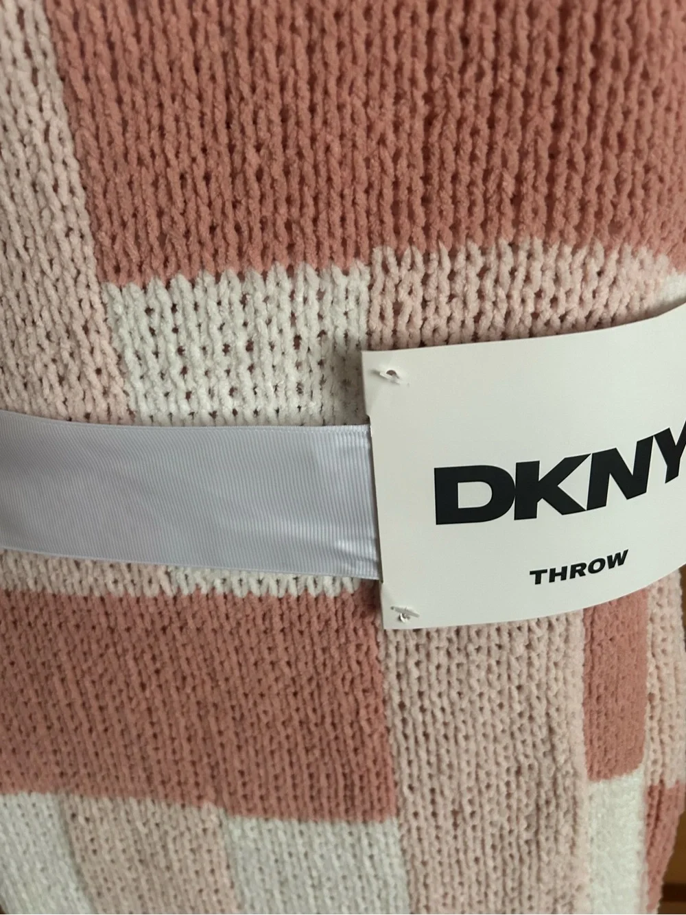 DKNY Pink and Cream Checker Knit Throw Blanket New With Tags